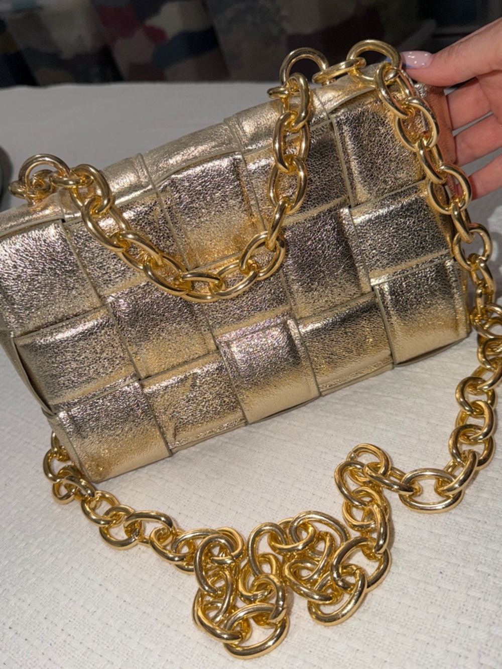 Metallic Gold Woven Leather Shoulder Bag with Chain Strap